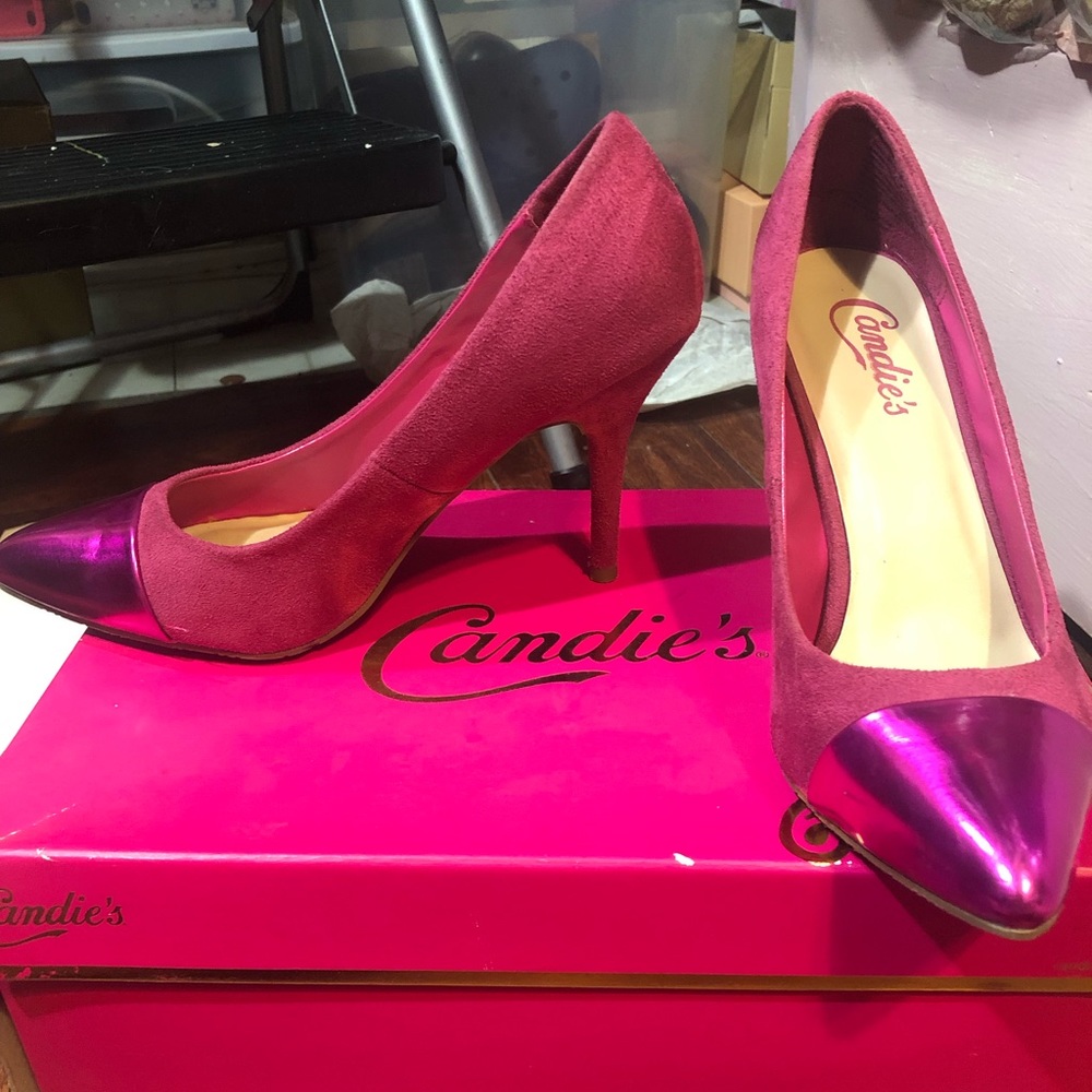 Suede magenta/hot pink heels with metallic toe.
